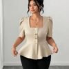 Blouse à col carré, taille cintrée, manches courtes, coupe évasée – Image 4