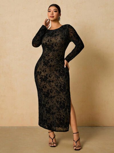 Robe longue à manches longues en maille de dentelle noire effet floqué