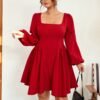 Robe courte col carré, manches lanterne, taille cintrée, ourlet évasé, élégante – Image 5