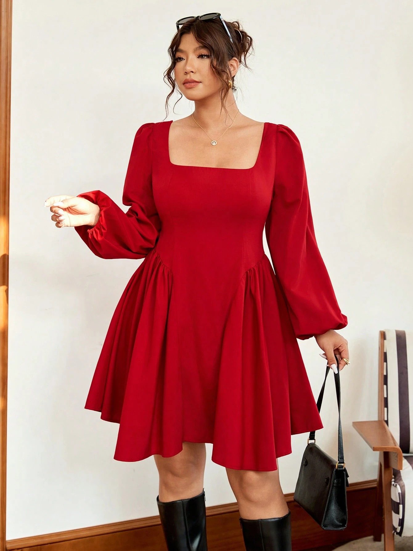 Robe courte col carré, manches lanterne, taille cintrée, ourlet évasé, élégante – Image 5