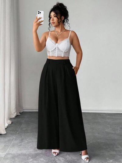 Pantalon noir élégant et décontracté taille haute, plissé, jambes larges, ample