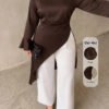 pull-over ,col rond manches longues évasées plis à la taille ourlet asymétrique élégant – Image 5