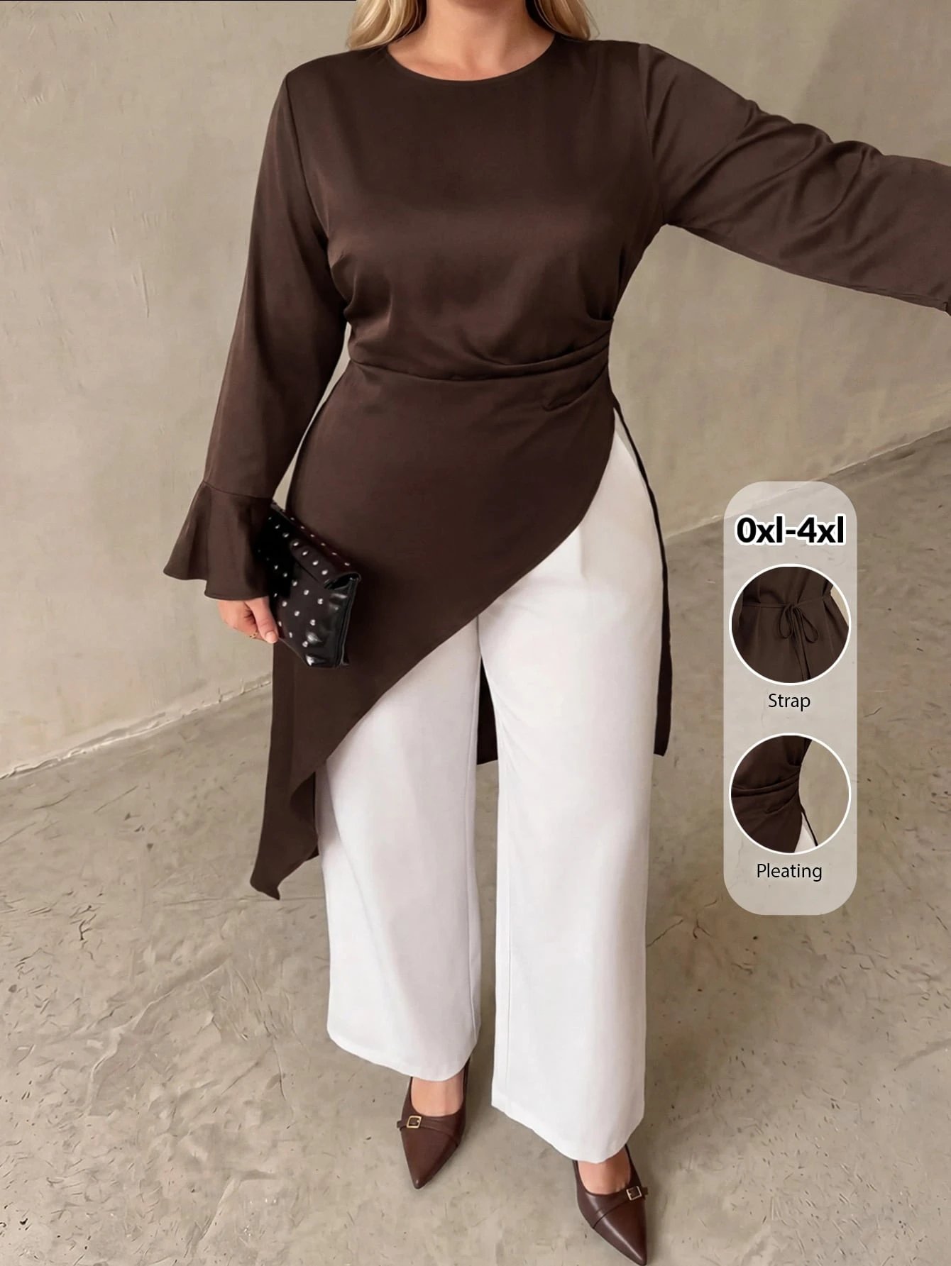 pull-over ,col rond manches longues évasées plis à la taille ourlet asymétrique élégant – Image 5