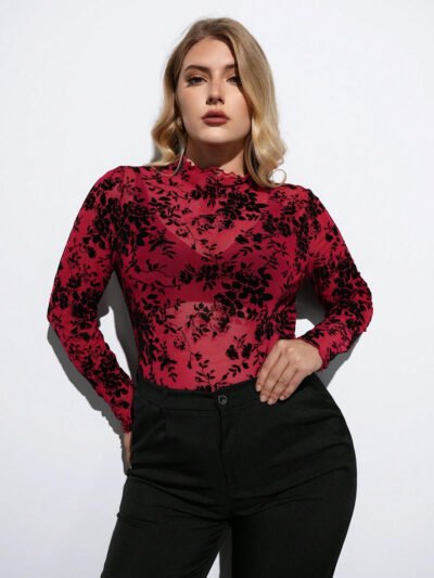 Top en maille transparente à col montant avec imprimé floral
