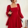Robe courte col carré, manches lanterne, taille cintrée, ourlet évasé, élégante – Image 6