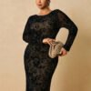 Robe longue à manches longues en maille de dentelle noire effet floqué – Image 8