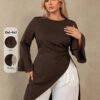 pull-over ,col rond manches longues évasées plis à la taille ourlet asymétrique élégant – Image 6