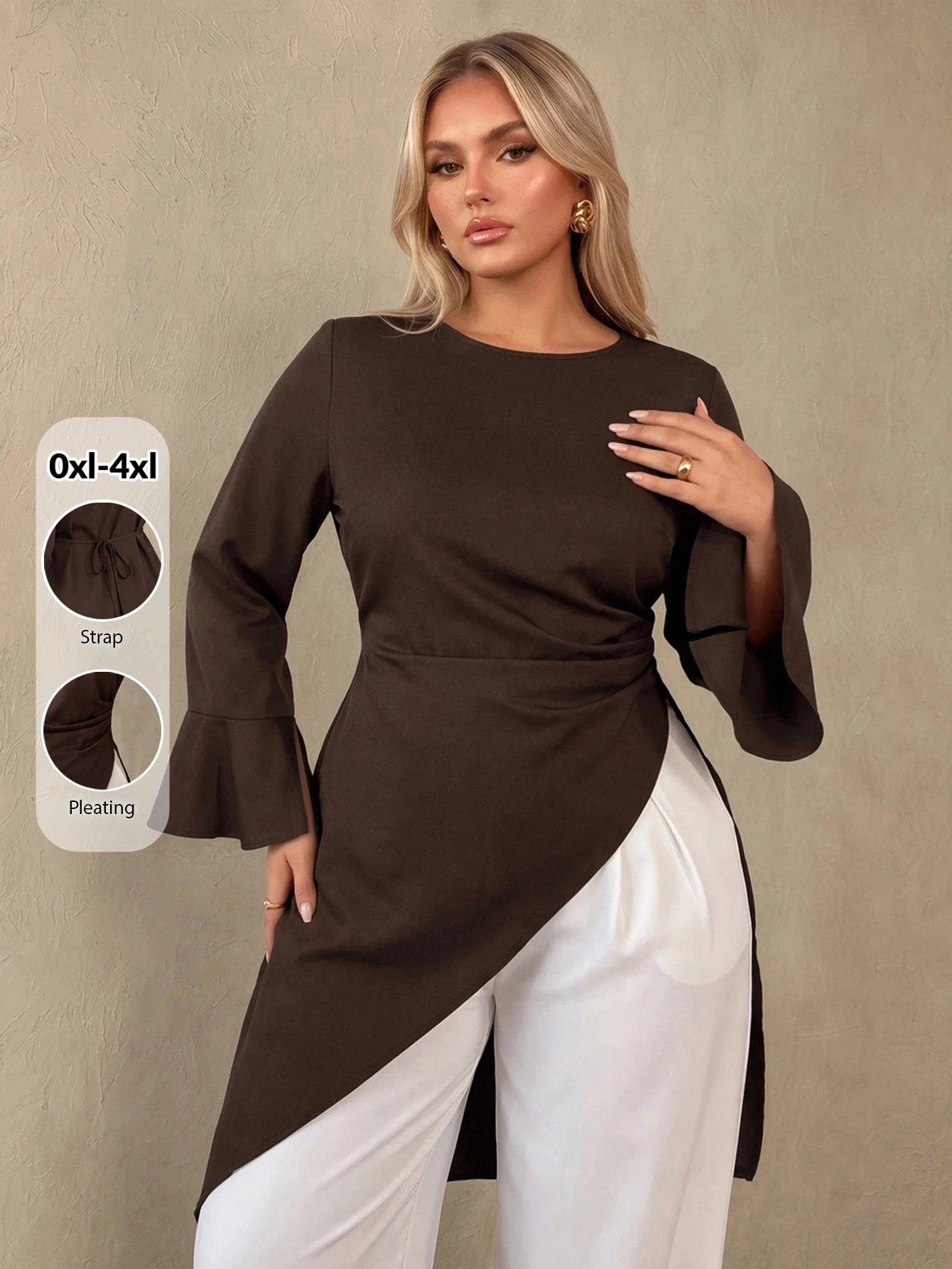 pull-over ,col rond manches longues évasées plis à la taille ourlet asymétrique élégant – Image 6