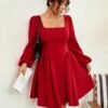 Robe courte col carré, manches lanterne, taille cintrée, ourlet évasé, élégante – Image 7