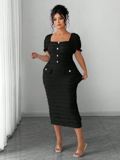 Robe moulante midi en maille texturée à manches courtes et col carré