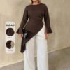 pull-over ,col rond manches longues évasées plis à la taille ourlet asymétrique élégant – Image 7