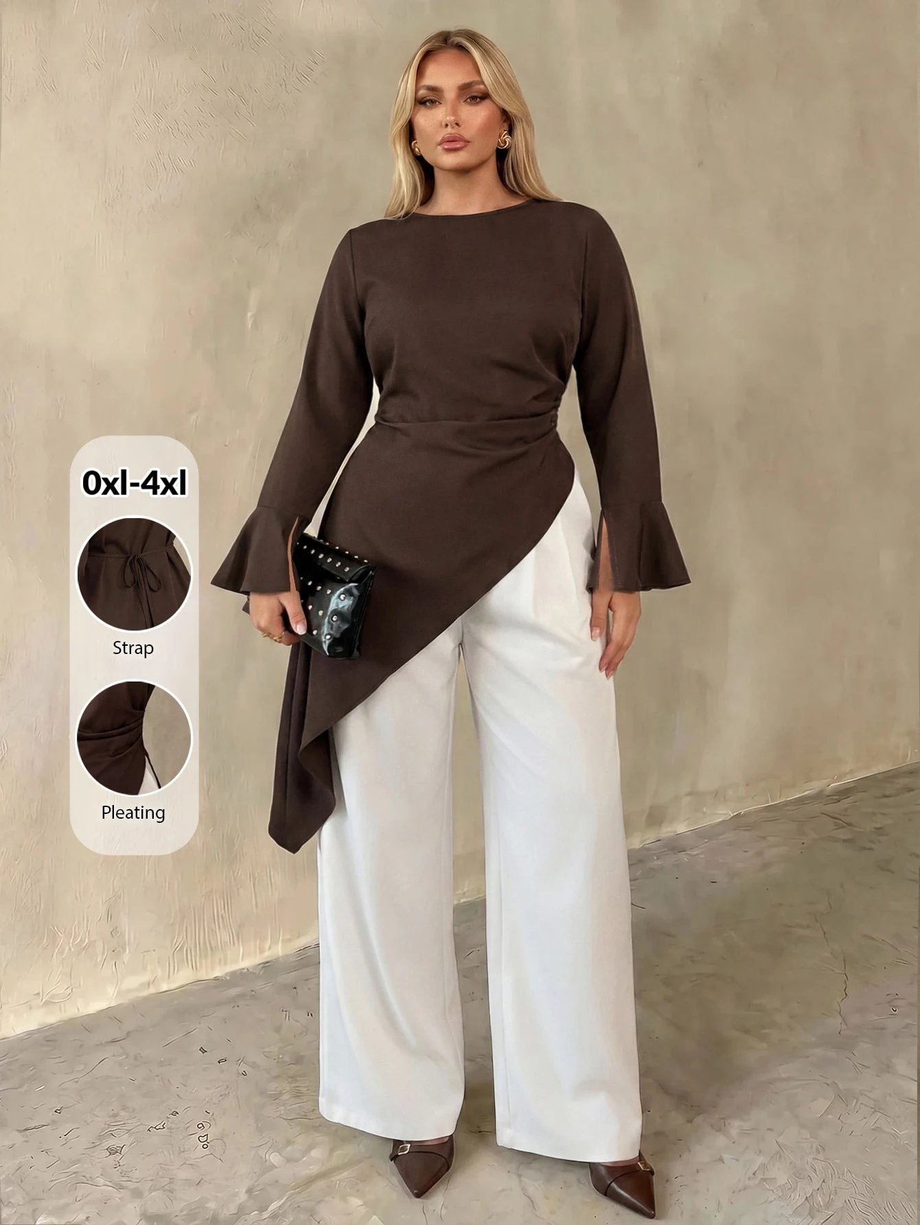 pull-over ,col rond manches longues évasées plis à la taille ourlet asymétrique élégant – Image 7