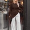 pull-over ,col rond manches longues évasées plis à la taille ourlet asymétrique élégant – Image 8