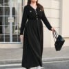 Robe vintage élégante à manches longues à col en V avec décoration de bouton – Image 3